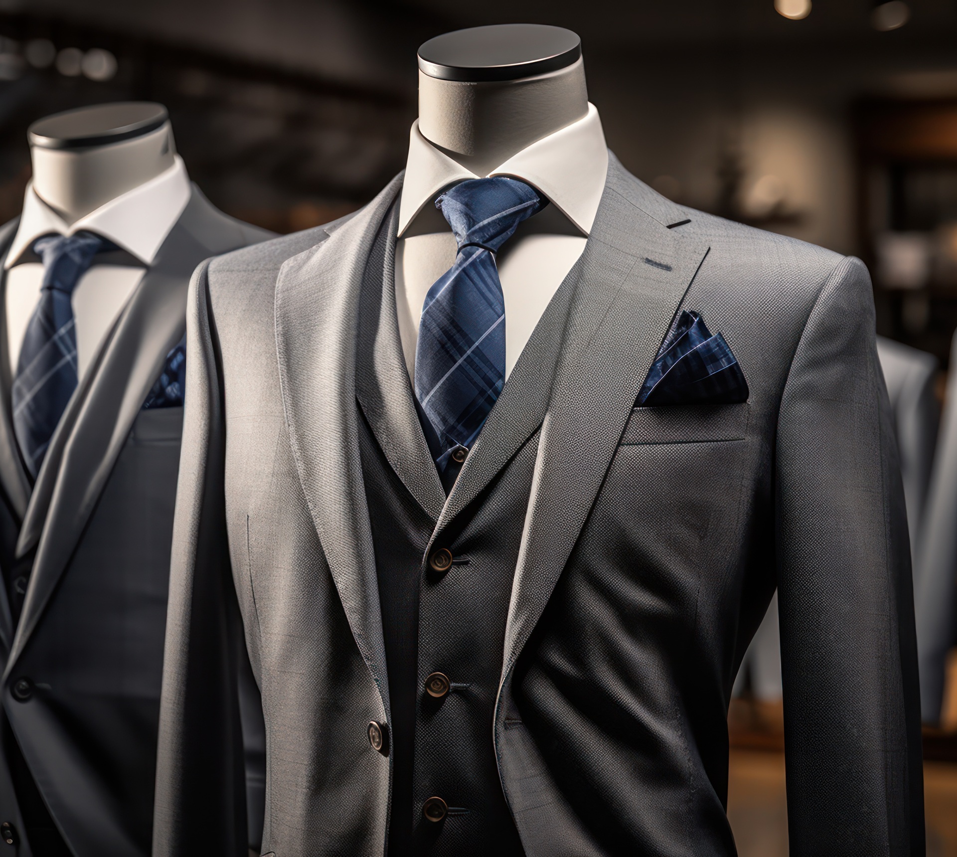 Mannequins dressed in gray suits with blue plaid ties and pocket squares are displayed in a well-lit store.
