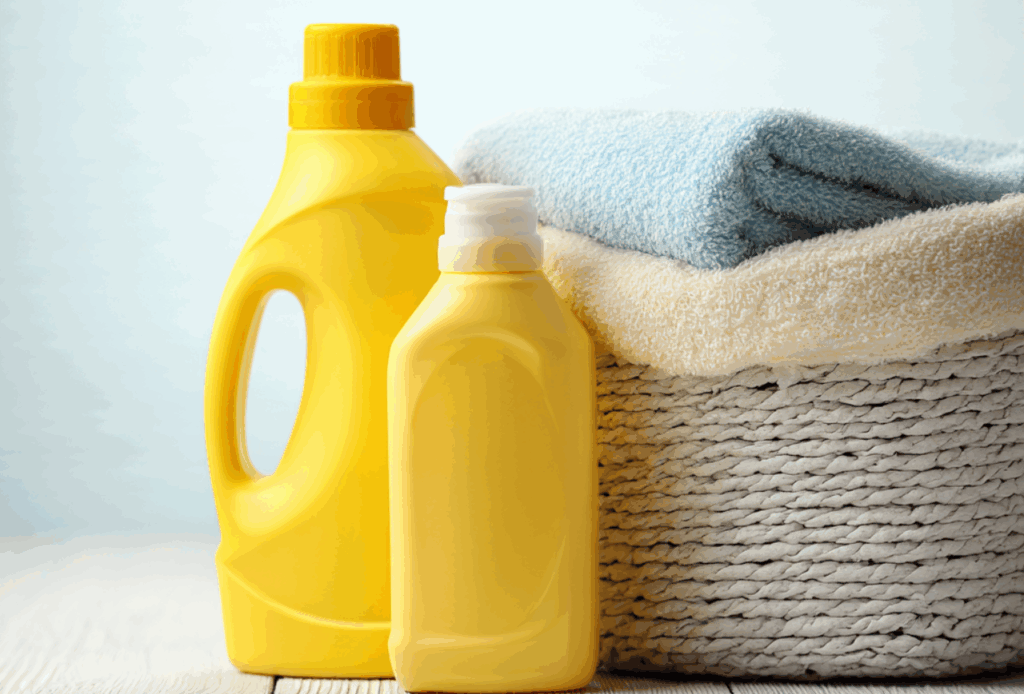 Two yellow bottles, likely containing laundry detergent or fabric softener, are placed next to a wicker basket filled with neatly folded towels.