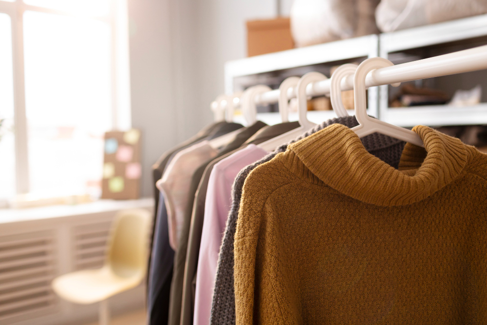 A row of clothes on white hangers, with sweaters and shirts in various colors, hanging on a rack in a well-lit room with shelves in the background.