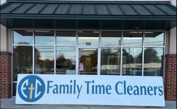 A large sign reading 